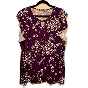 Anna Morgan top, dark purple blouse with white birds and flowers women's plus 3X